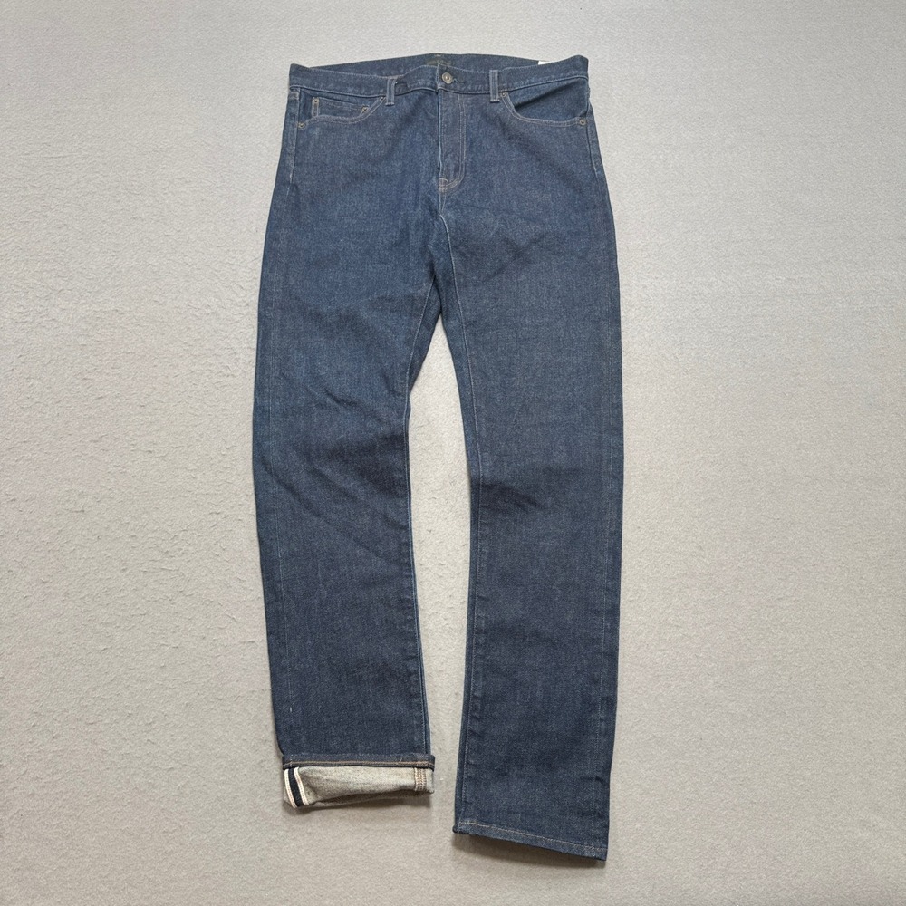 Uniqlo Selvedge Jeans Men's 34 Dark Indigo Denim Straight Leg High Rise Stretch